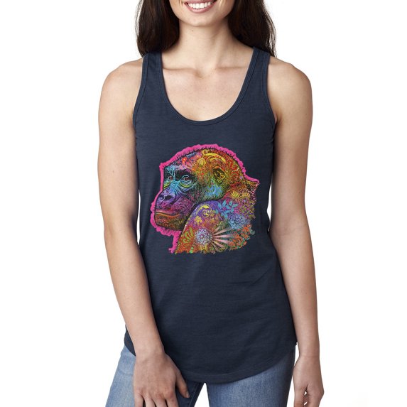 Colorful Neon Gorilla | Dean Russo Art Animal Lover Ladies Racerback Tank Top, Navy, Large