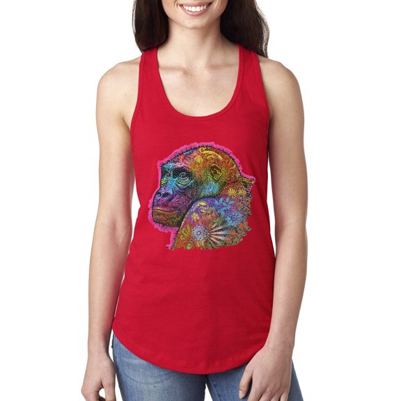 Colorful Neon Gorilla | Dean Russo Art Animal Lover Ladies Racerback Tank Top, Red, Medium