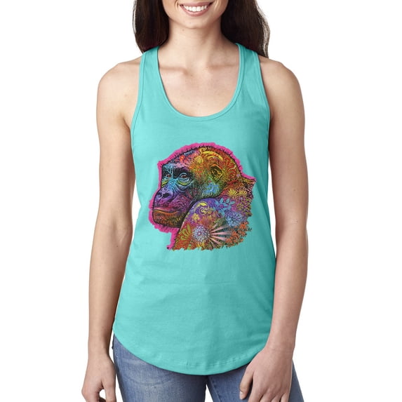 Colorful Neon Gorilla | Dean Russo Art Animal Lover Ladies Racerback Tank Top, Tahiti Blue, Large