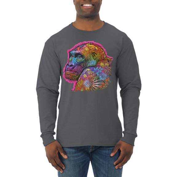 Colorful Neon Gorilla | Dean Russo Art Animal Lover Mens Long Sleeve Shirt, Charcoal, Medium