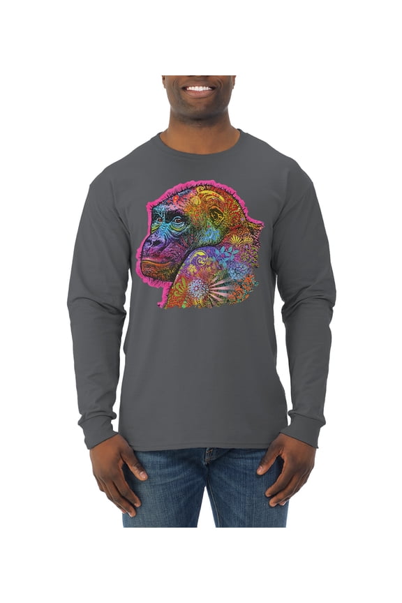 Colorful Neon Gorilla | Dean Russo Art Animal Lover Mens Long Sleeve Shirt, Charcoal, Medium