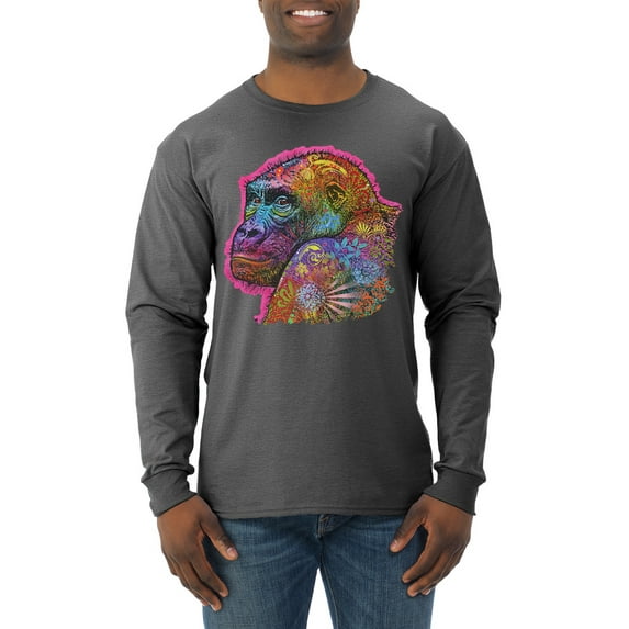 Colorful Neon Gorilla | Dean Russo Art Animal Lover Mens Long Sleeve Shirt, Heather Black, X-Large