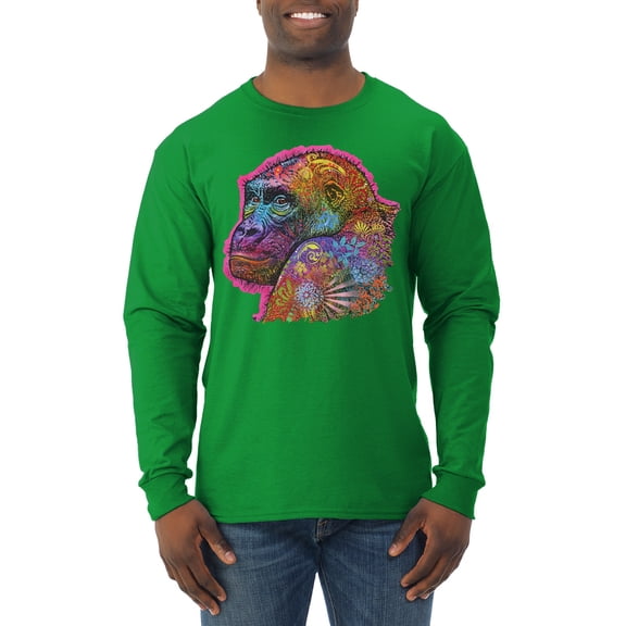 Colorful Neon Gorilla | Dean Russo Art Animal Lover Mens Long Sleeve Shirt, Kelly, XX-Large