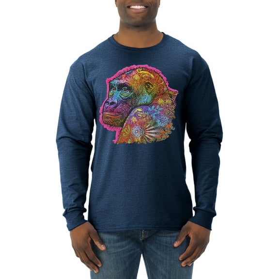 Colorful Neon Gorilla | Dean Russo Art Animal Lover Mens Long Sleeve Shirt, Vintage Heather Navy, Small