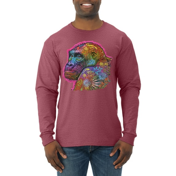 Colorful Neon Gorilla | Dean Russo Art Animal Lover Mens Long Sleeve Shirt, Vintage Heather Red, 3X-Large