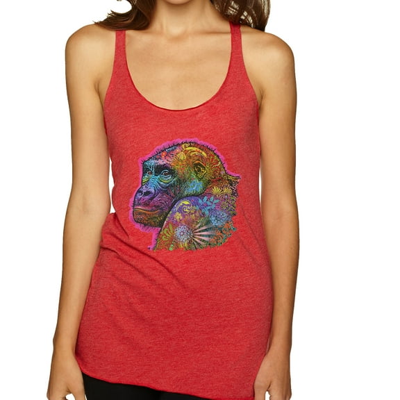 Colorful Neon Gorilla | Dean Russo Art Animal Lover Tri-Blend Racerback Tank Top, Vintage Red, Medium