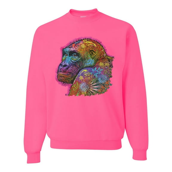 Colorful Neon Gorilla | Dean Russo Art Animal Lover Unisex Crewneck Sweatshirt, Neon Pink, 3X-Large