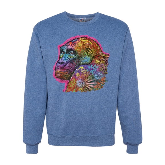 Colorful Neon Gorilla | Dean Russo Art Animal Lover Unisex Crewneck Sweatshirt, Vintage Heather Blue, X-Large