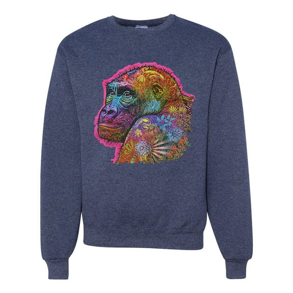 Colorful Neon Gorilla | Dean Russo Art Animal Lover Unisex Crewneck Sweatshirt, Vintage Heather Navy, Large