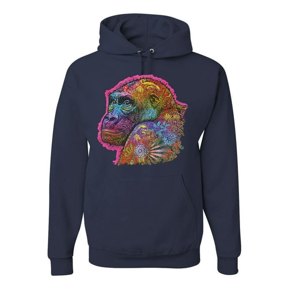 Colorful Neon Gorilla | Dean Russo Art Animal Lover Unisex Hoodie Sweatshirt, Navy, Large