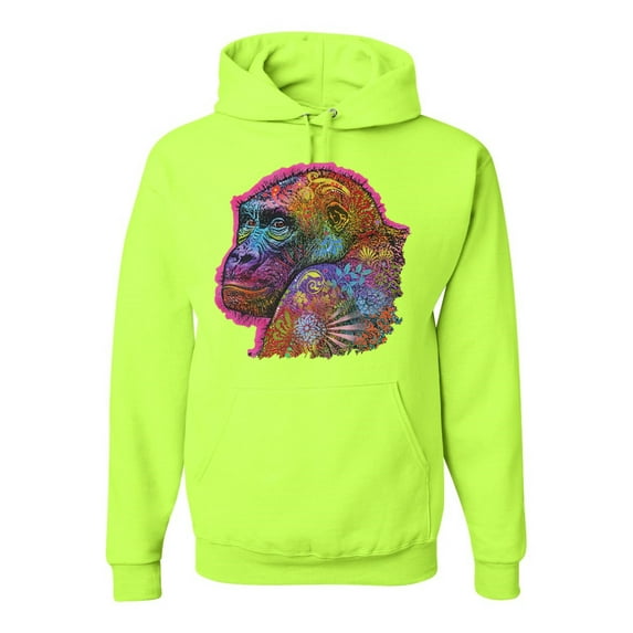 Colorful Neon Gorilla | Dean Russo Art Animal Lover Unisex Hoodie Sweatshirt, Safety Green, X-Large