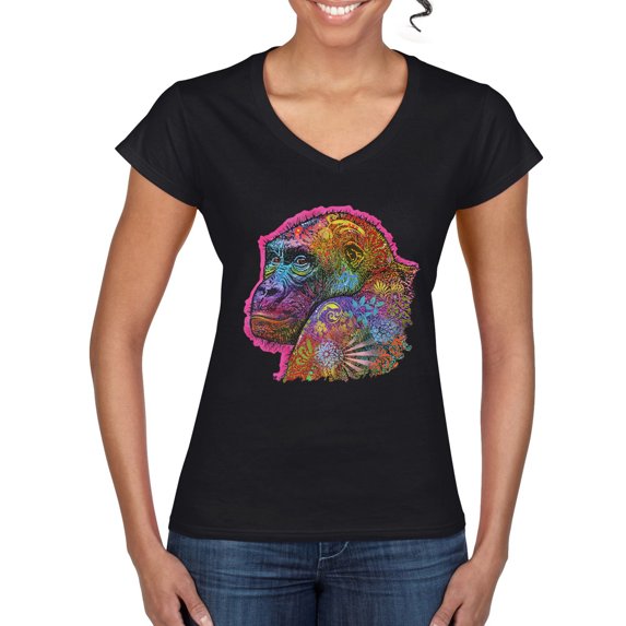 Colorful Neon Gorilla | Dean Russo Art Animal Lover Women's Standard V-Neck Tee, Black, XX-Large