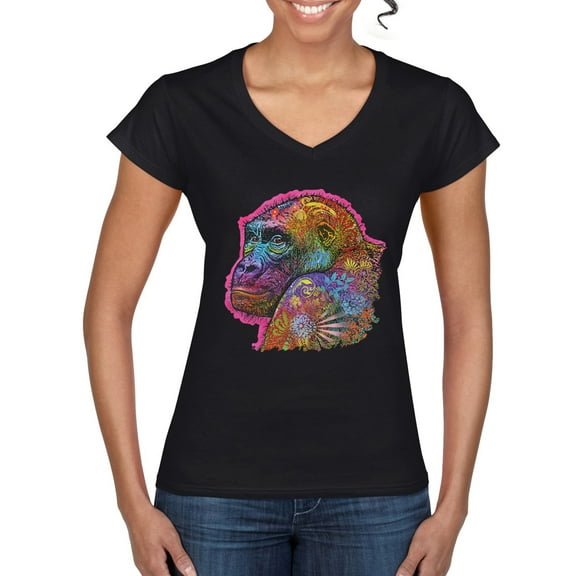 Colorful Neon Gorilla | Dean Russo Art Animal Lover Women's Standard V-Neck Tee, Black, XX-Large