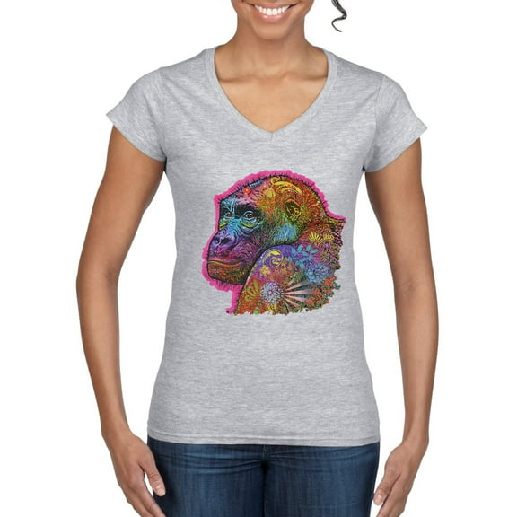 Colorful Neon Gorilla | Dean Russo Art Animal Lover Women's Standard V-Neck Tee, Heather Grey, X-Large
