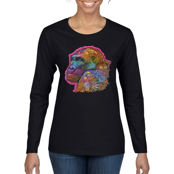 Colorful Neon Gorilla | Dean Russo Art Animal Lover Womens Long Sleeve T-Shirt, Black, Small