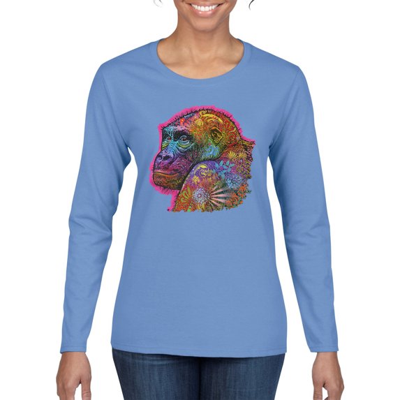 Colorful Neon Gorilla | Dean Russo Art Animal Lover Womens Long Sleeve T-Shirt, Light Blue, Medium