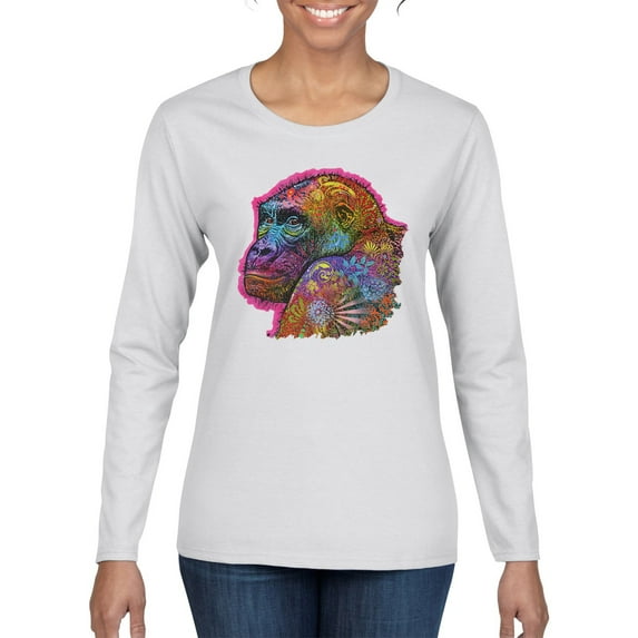 Colorful Neon Gorilla | Dean Russo Art Animal Lover Womens Long Sleeve T-Shirt, White, Large