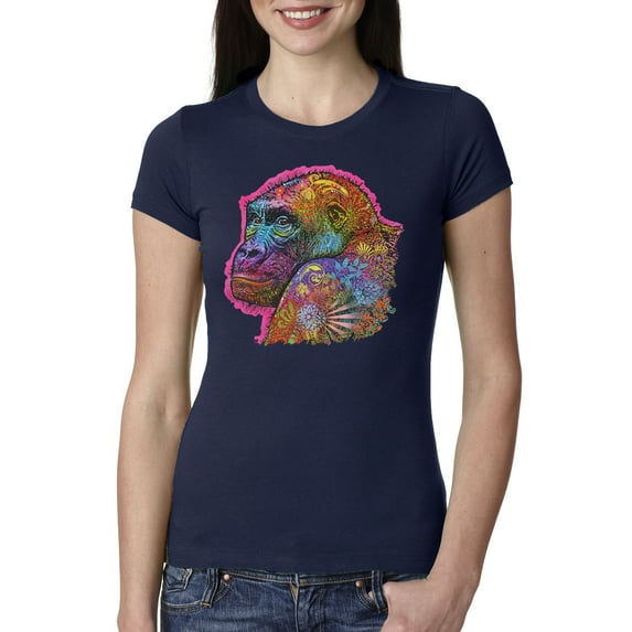Colorful Neon Gorilla | Dean Russo Art Animal Lover Womens Slim Fit Junior Tee, Navy, X-Large