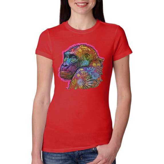 Colorful Neon Gorilla | Dean Russo Art Animal Lover Womens Slim Fit Junior Tee, Red, Large