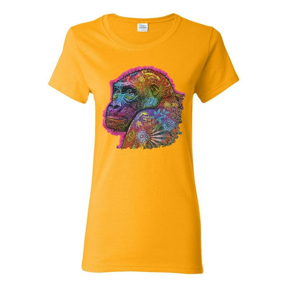 Colorful Neon Gorilla | Dean Russo Art Animal Lover Womens T-Shirt, Gold, Large