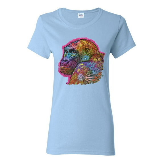 Colorful Neon Gorilla | Dean Russo Art Animal Lover Womens T-Shirt, Light Blue, Medium