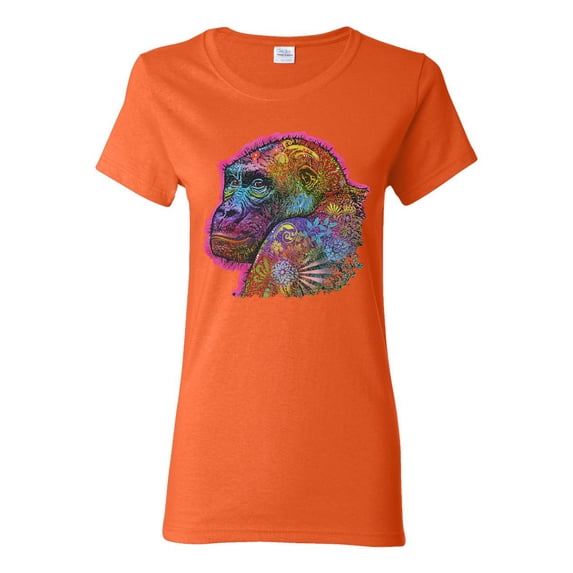 Colorful Neon Gorilla | Dean Russo Art Animal Lover Womens T-Shirt, Orange, Large