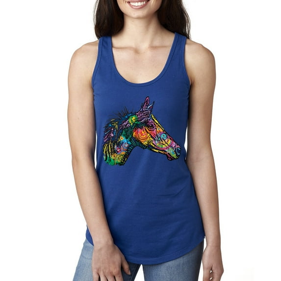 Colorful Neon Horse | Dean Russo Art Animal Lover Ladies Racerback Tank Top, Royal, Small