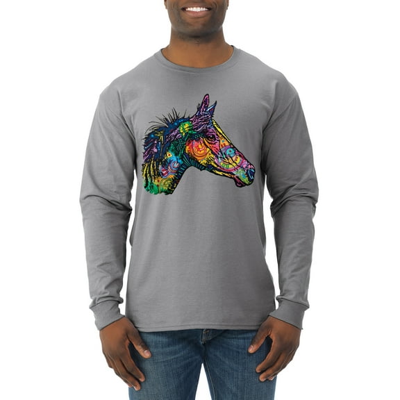 Colorful Neon Horse | Dean Russo Art Animal Lover Mens Long Sleeve Shirt, Heather Grey, XX-Large