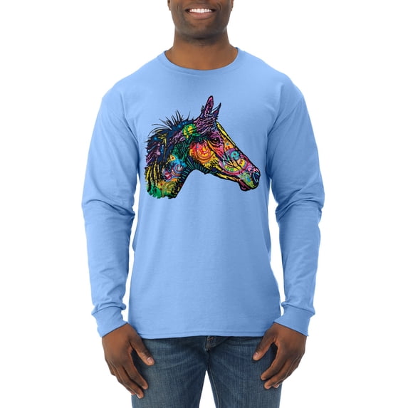 Colorful Neon Horse | Dean Russo Art Animal Lover Mens Long Sleeve Shirt, Light Blue, X-Large