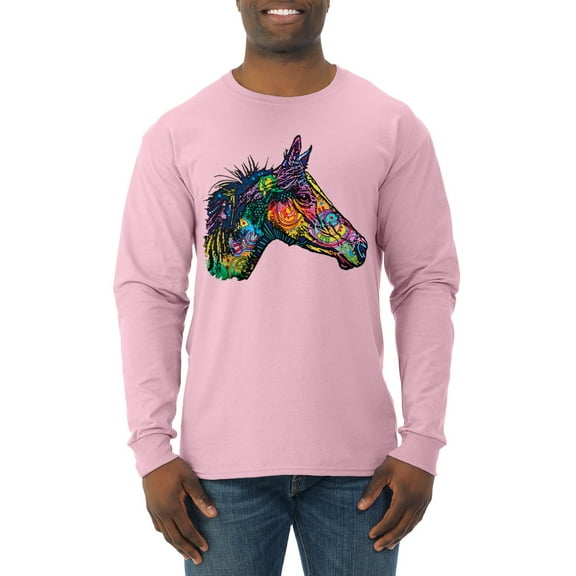 Colorful Neon Horse | Dean Russo Art Animal Lover Mens Long Sleeve Shirt, Light Pink, Small