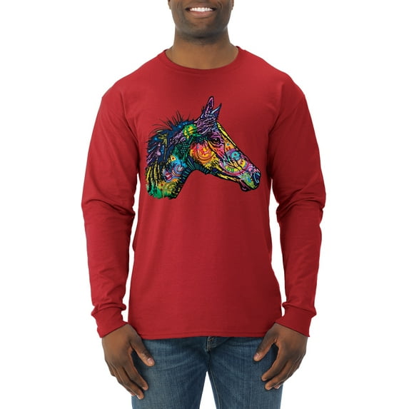 Colorful Neon Horse | Dean Russo Art Animal Lover Mens Long Sleeve Shirt, Red, Small