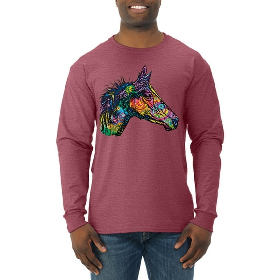Colorful Neon Horse | Dean Russo Art Animal Lover Mens Long Sleeve Shirt, Vintage Heather Red, X-Large