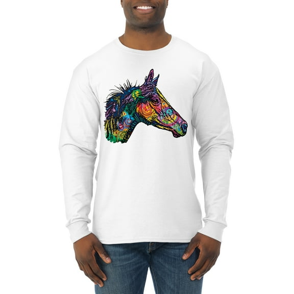 Colorful Neon Horse | Dean Russo Art Animal Lover Mens Long Sleeve Shirt, White, Small