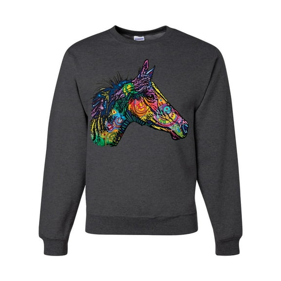 Colorful Neon Horse | Dean Russo Art Animal Lover Unisex Crewneck Sweatshirt, Heather Black, Large
