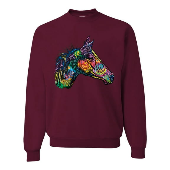 Colorful Neon Horse | Dean Russo Art Animal Lover Unisex Crewneck Sweatshirt, Maroon, X-Large