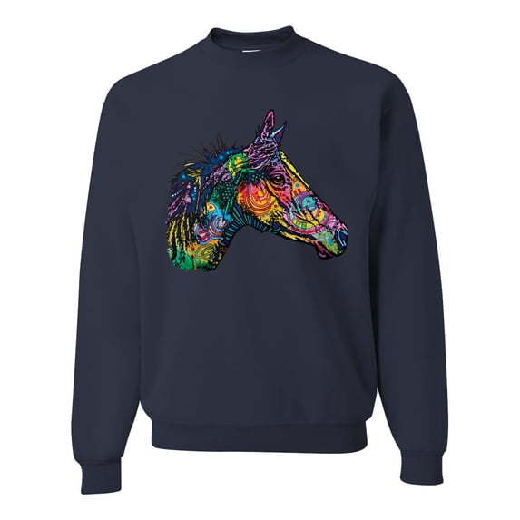 Colorful Neon Horse | Dean Russo Art Animal Lover Unisex Crewneck Sweatshirt, Navy, XX-Large
