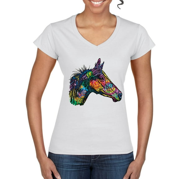 Colorful Neon Horse | Dean Russo Art Animal Lover Womenâ€™s Standard V-Neck Tee, White, X-Large