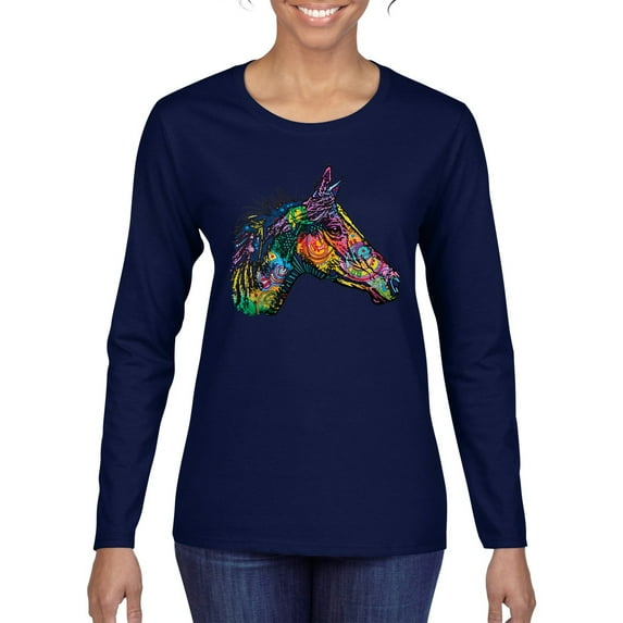 Colorful Neon Horse | Dean Russo Art Animal Lover Womens Long Sleeve T-Shirt, Navy, Small
