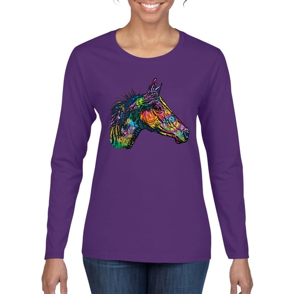 Colorful Neon Horse | Dean Russo Art Animal Lover Womens Long Sleeve T-Shirt, Purple, Large