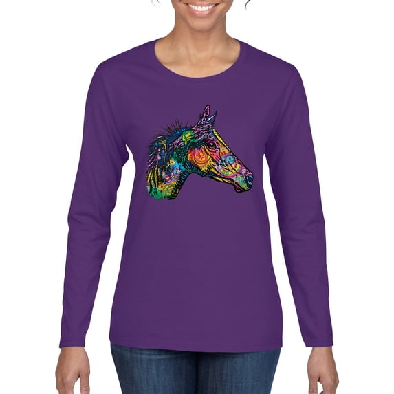 Colorful Neon Horse | Dean Russo Art Animal Lover Womens Long Sleeve T-Shirt, Purple, XX-Large
