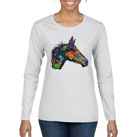 Colorful Neon Horse | Dean Russo Art Animal Lover Womens Long Sleeve T-Shirt, White, Large