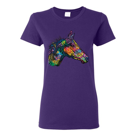 Colorful Neon Horse | Dean Russo Art Animal Lover Womens T-Shirt, Purple, Large