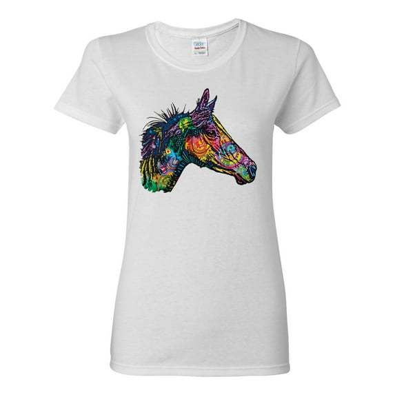 Colorful Neon Horse | Dean Russo Art Animal Lover Womens T-Shirt, White, XX-Large