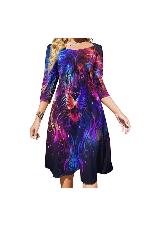 Colorful Neon Lion Art Women's 3/4 Sleeve Dresses Elegant A-Line Midi Dress Flare Summer Casual Sundress