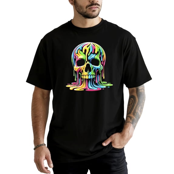 Colorful Neon Melting Skull Shirt for Men Vibrant Dripping Skeleton Adult Graphic Tee Black Shirt Adult Small