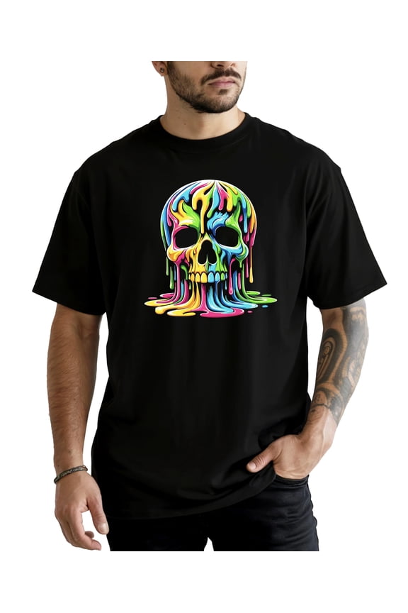 Colorful Neon Melting Skull Shirt for Men Vibrant Dripping Skeleton Adult Graphic Tee Black Shirt Adult X-Large