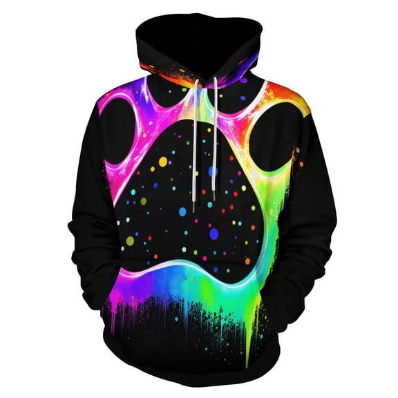 Colorful Neon Paw Print-2 Men's Women Vintage 3D Hooded Sweatshirt - All-Season Loose Fit Streetwear