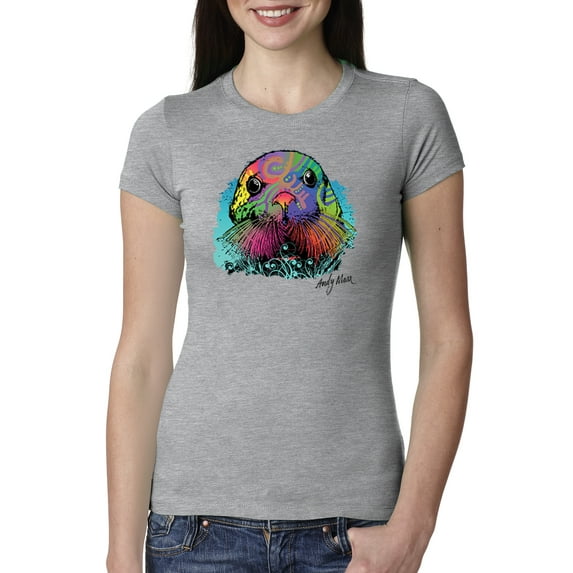 Colorful Neon Seal Animal Lover Womens Slim Fit Junior Tee, Heather Grey, Small