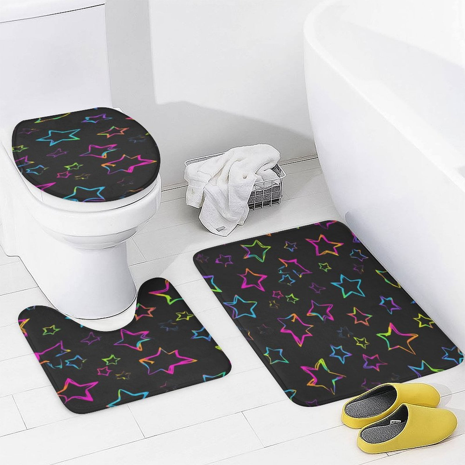 Colorful Neon Star Pattern Bathroom Rugs Sets 3 Piece Toilet Lid Cover ...