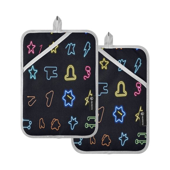 Colorful Neon Symbols Set of 2 Heat-Resistant Quilted Pads, Silver Polyester, 7" x 9.8"
